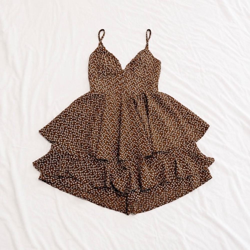 Princess Polly Brown Ditsy Floral Cottagecore Ruffle Romper Size 2